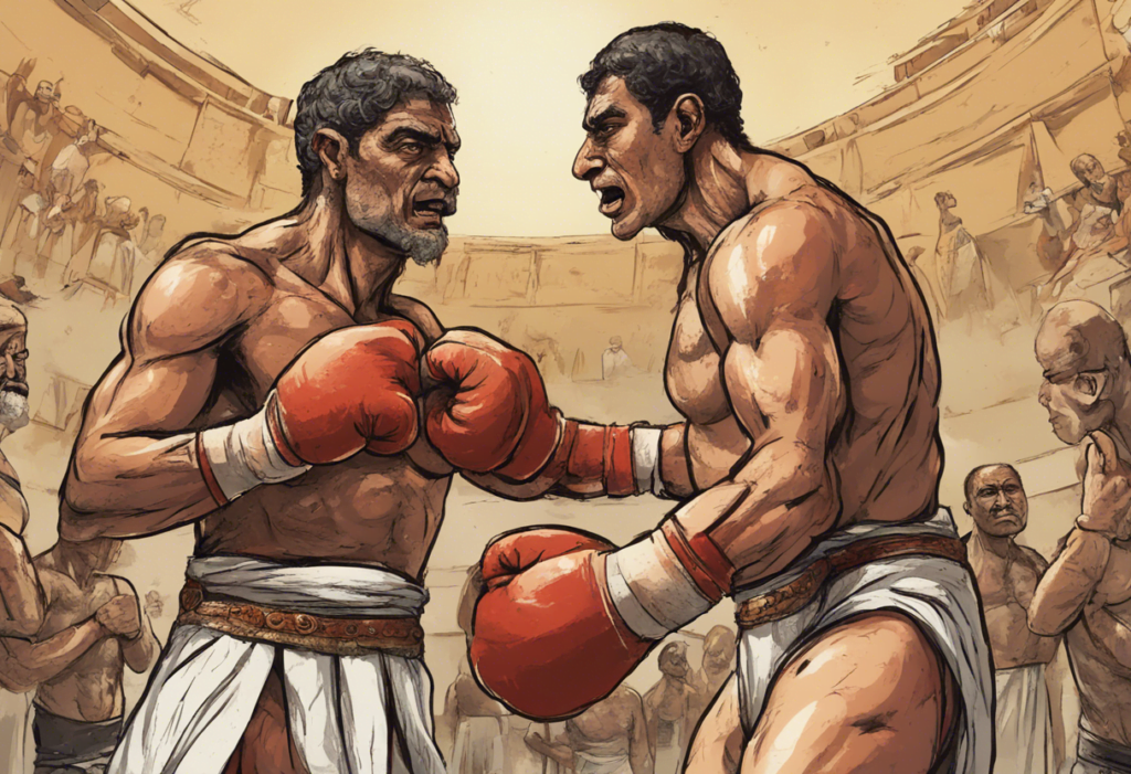 ancient Egyptions boxing in the ring, comic illustration
