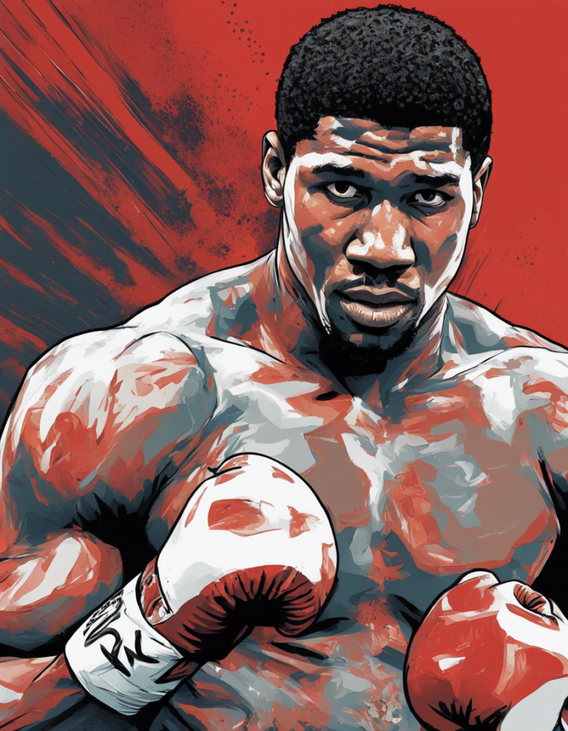 Anthony Joshua wearing red and white gloves, red black and white comic illustration