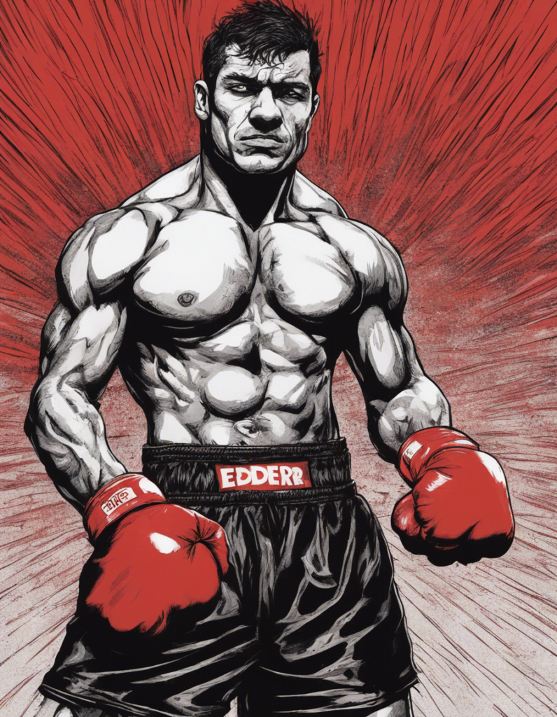 Eder Jofre red and grey portrait, red boxing gloves, comic illustration