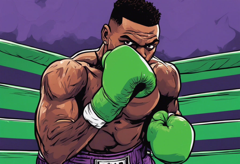 Jermell Charlo on the boxing ring, wearing green boxing gloves, purple and green comic illustration, 