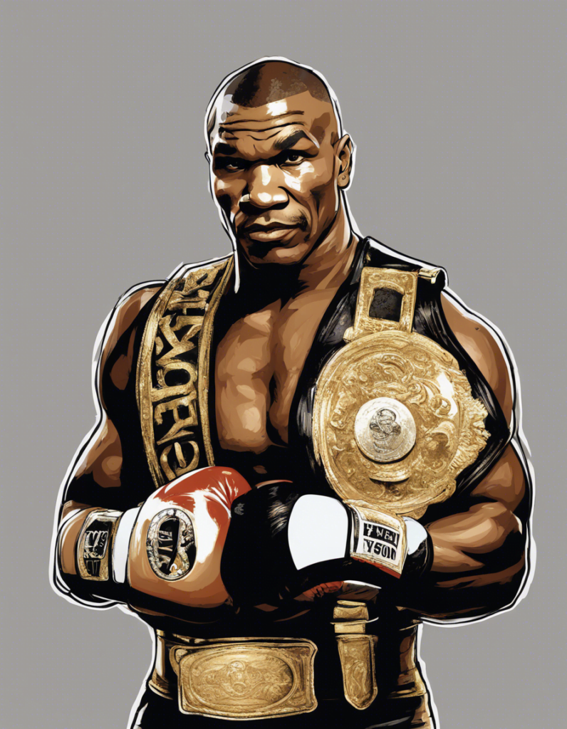 Mike Tyson wearing boxing gloves and holding boxing champion's belt, grey background