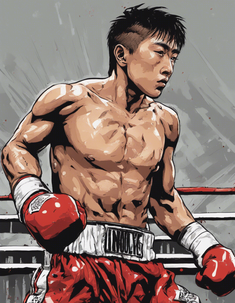 Naoya Inoue on the boxing ring wearing red gloves, red and grey comic illustration