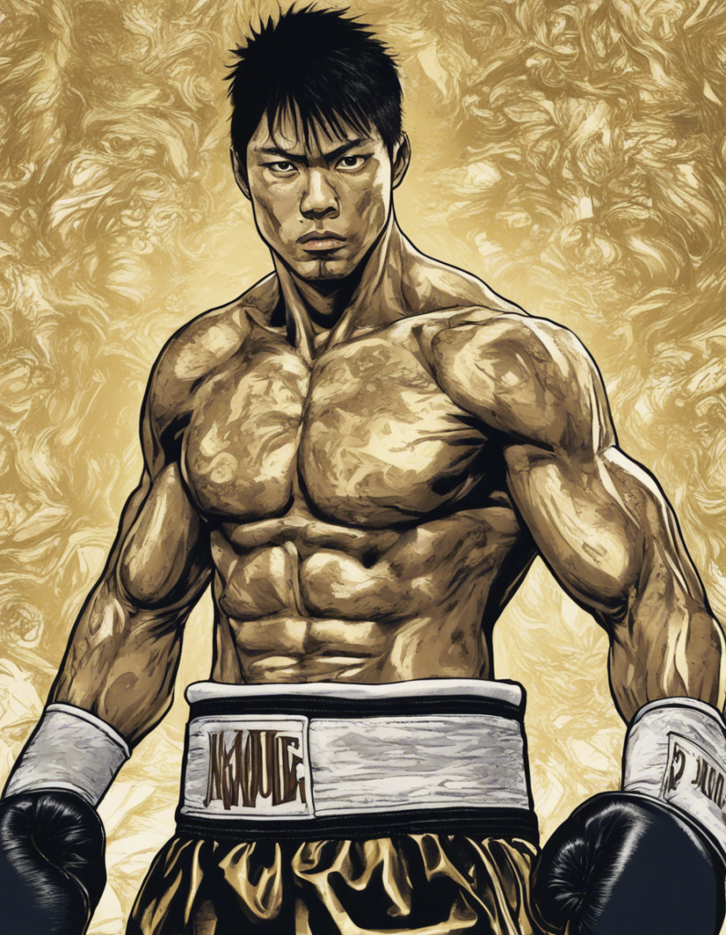 Takuma Inoue in black and gold colors, comic illustration, wearing black boxing gloves