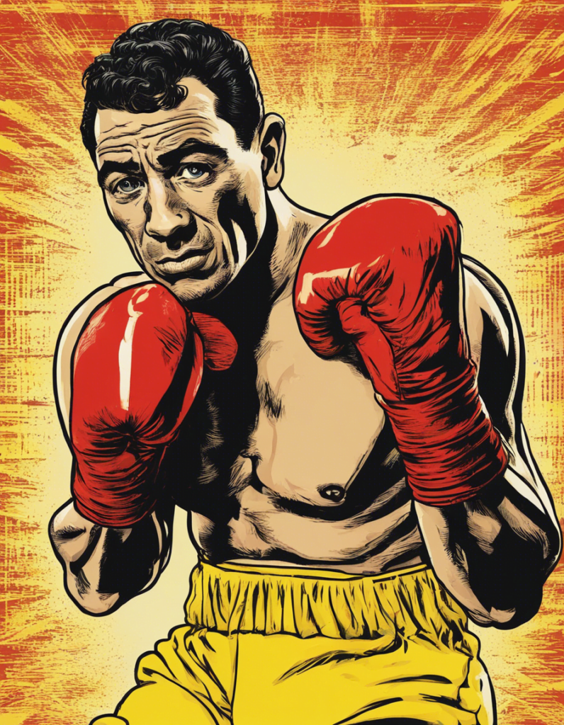 Willie Pep red and yellow comic illustration, wearing red gloves and yellow pants