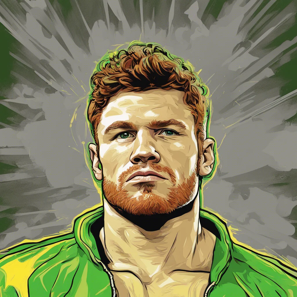 Canelo Alvarez grey background portrait, green and yellow themed comic illustration