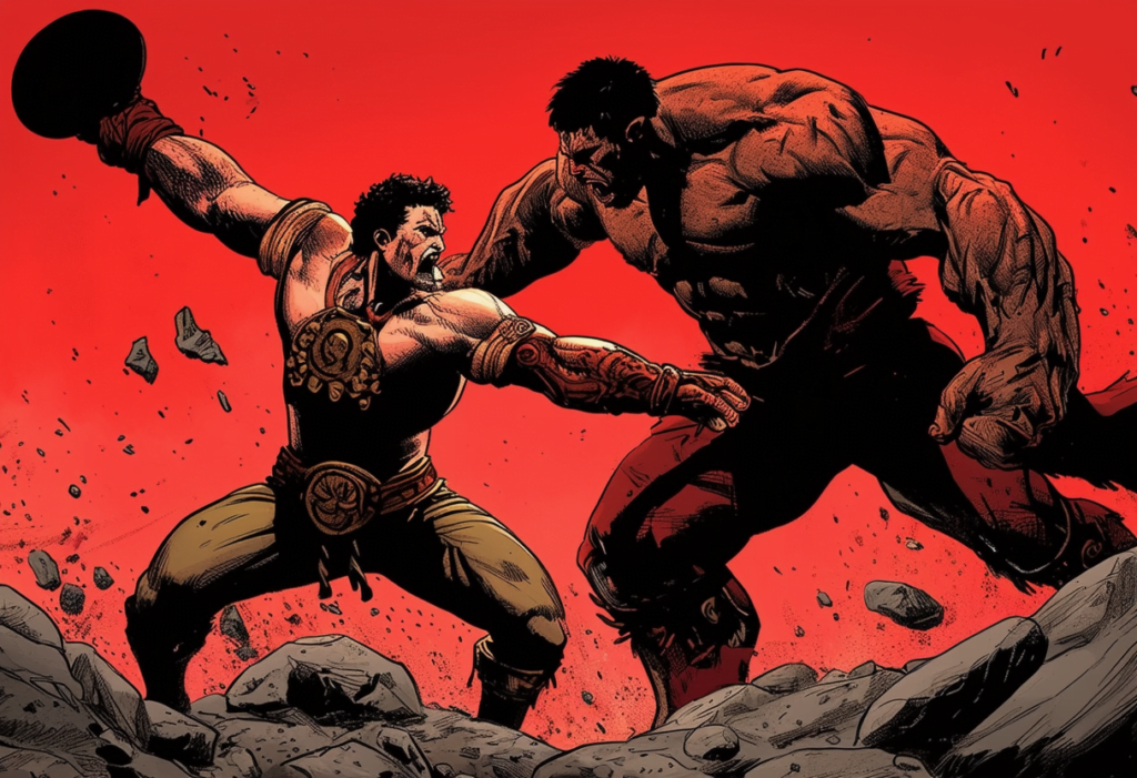 david and goliath fighting scene. red background, huge clash, comic illustration