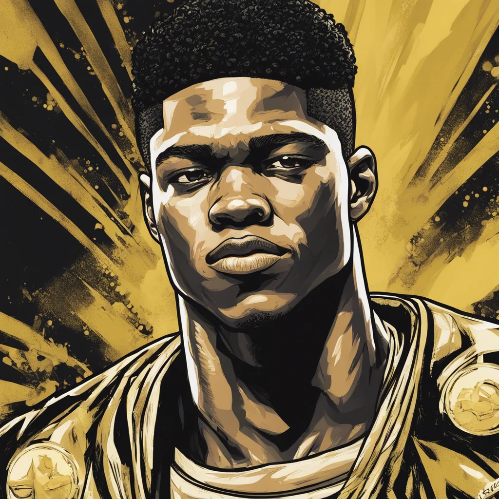 Devin Haney black and gold portrait, comic illustration