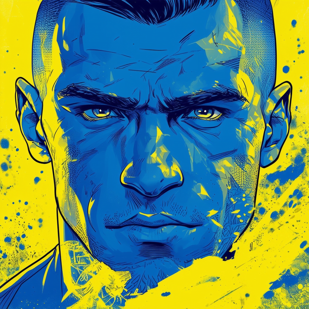 Dustin Poirier blue and yellow portrait, comic illustration