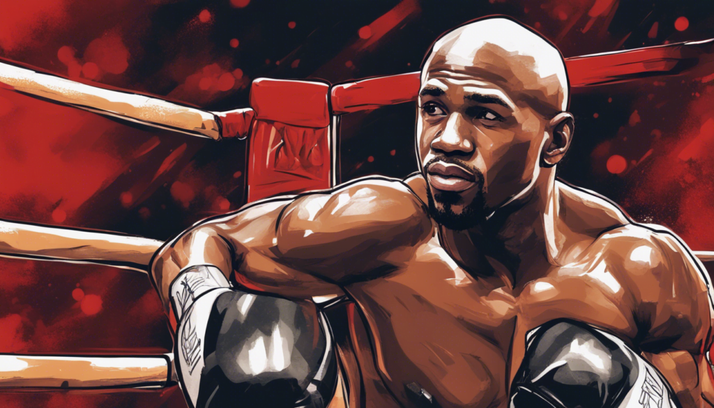 Floyd Mayweather Jr. on a ring wearing black gloves. red and black background. comic illustration