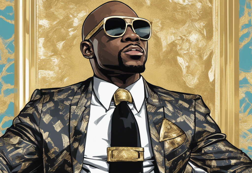Floyd Mayweather sitting on the throne wearing golden sunglasses and classy suit, comic illustration