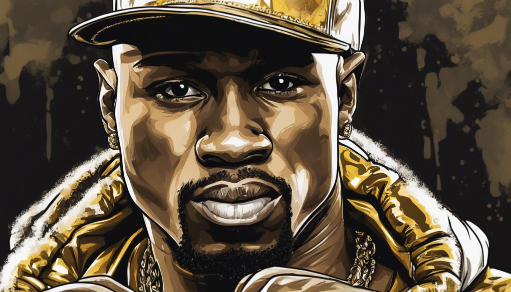 Floyd Mayweather wearing jewelry, black and golden comic illustration