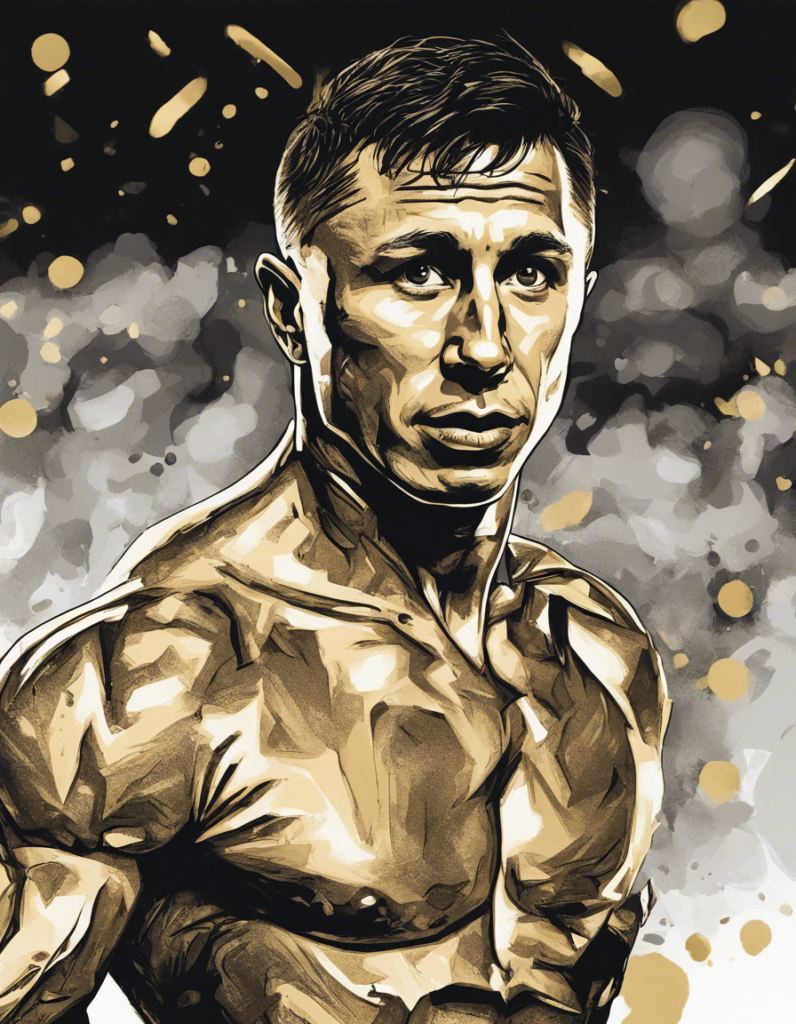 Gennady Golovkin comic illustration portrait, gold and black