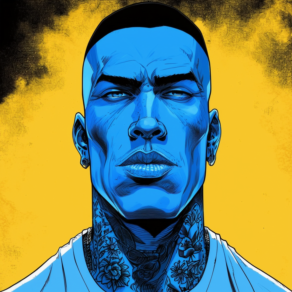 George Kambosos Jr blue yellow and black portrait, comic illustration