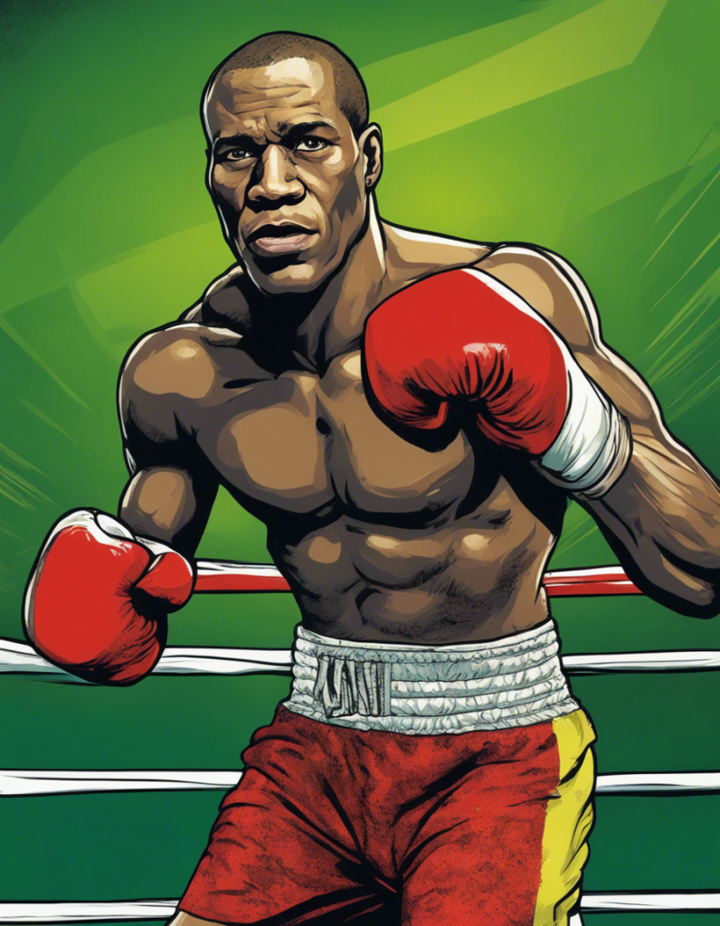 Jack Johnson on the boxing ring wearing red boxing gloves, green background, comic illustration