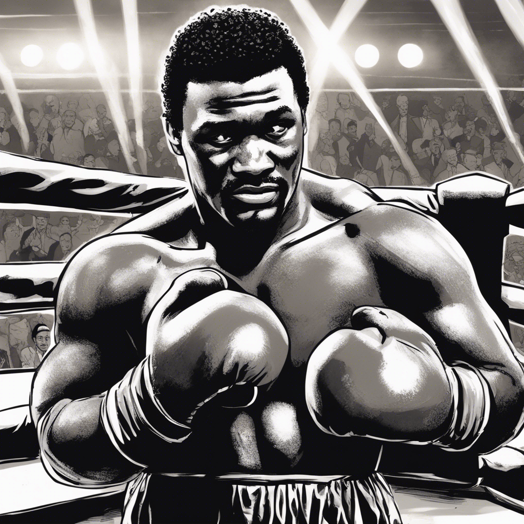 George Frazier black and white comic illustration, wearing gloves on a boxing ring