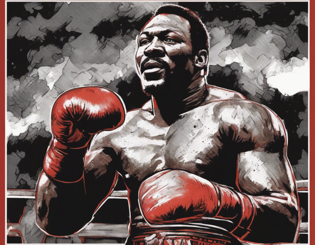 Joe Frazier black and white comic illustration, wearing red gloves