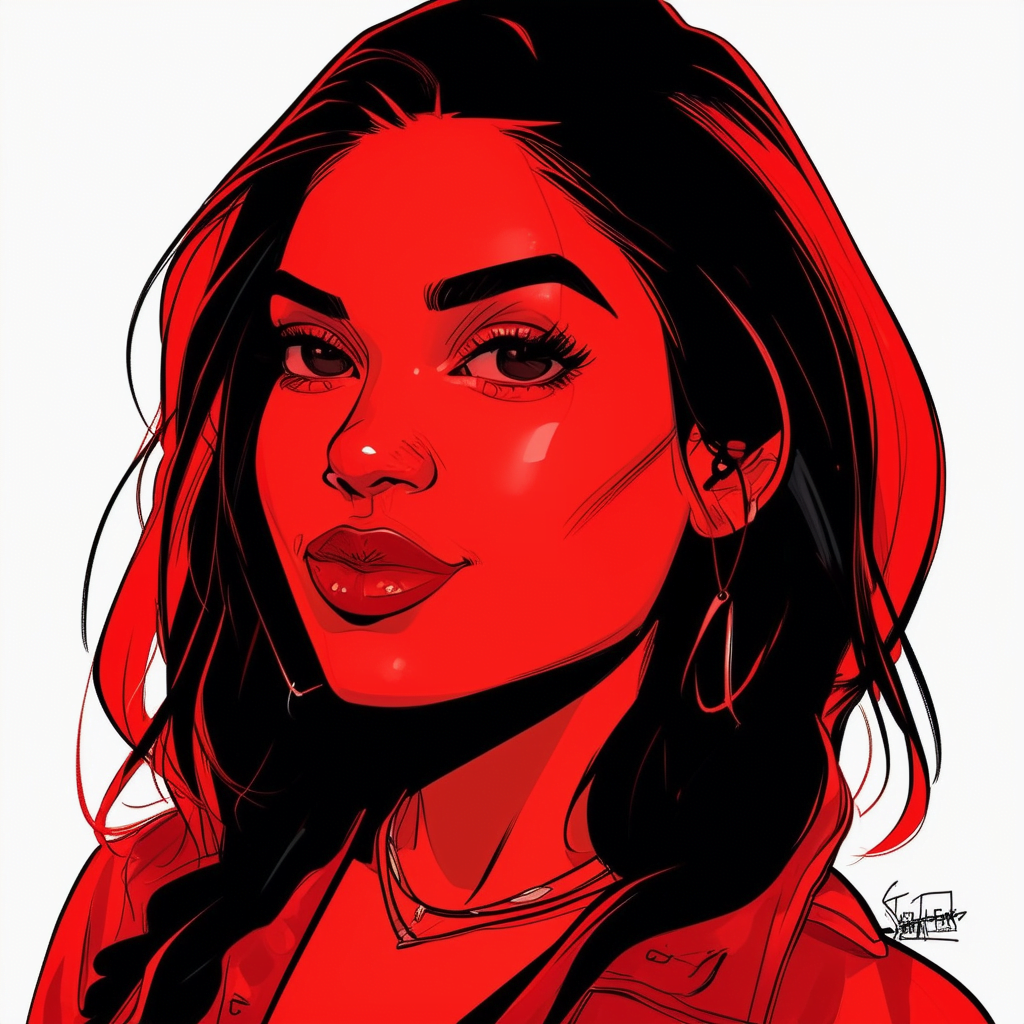 Julianna Peña red and black portrait, white background, comic illustration