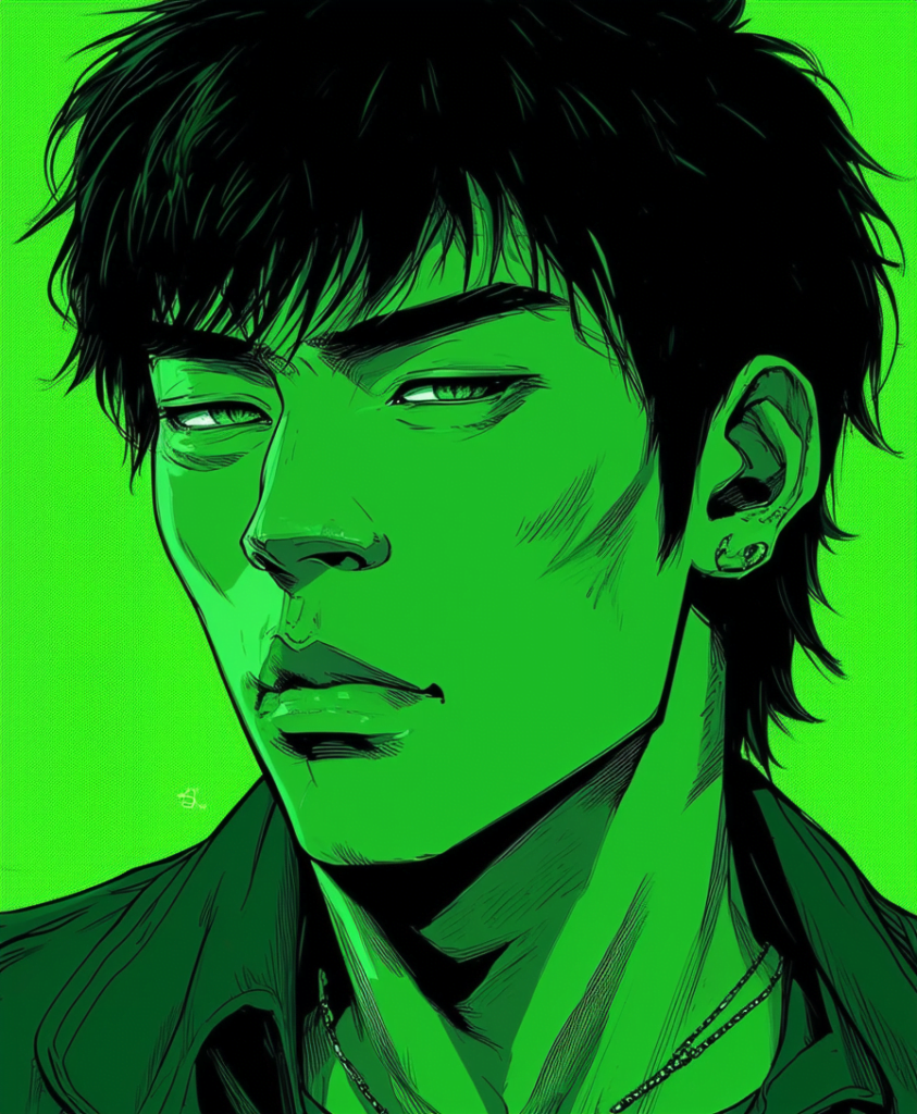 Kazuto Ioka portrait, green and black comic illustration