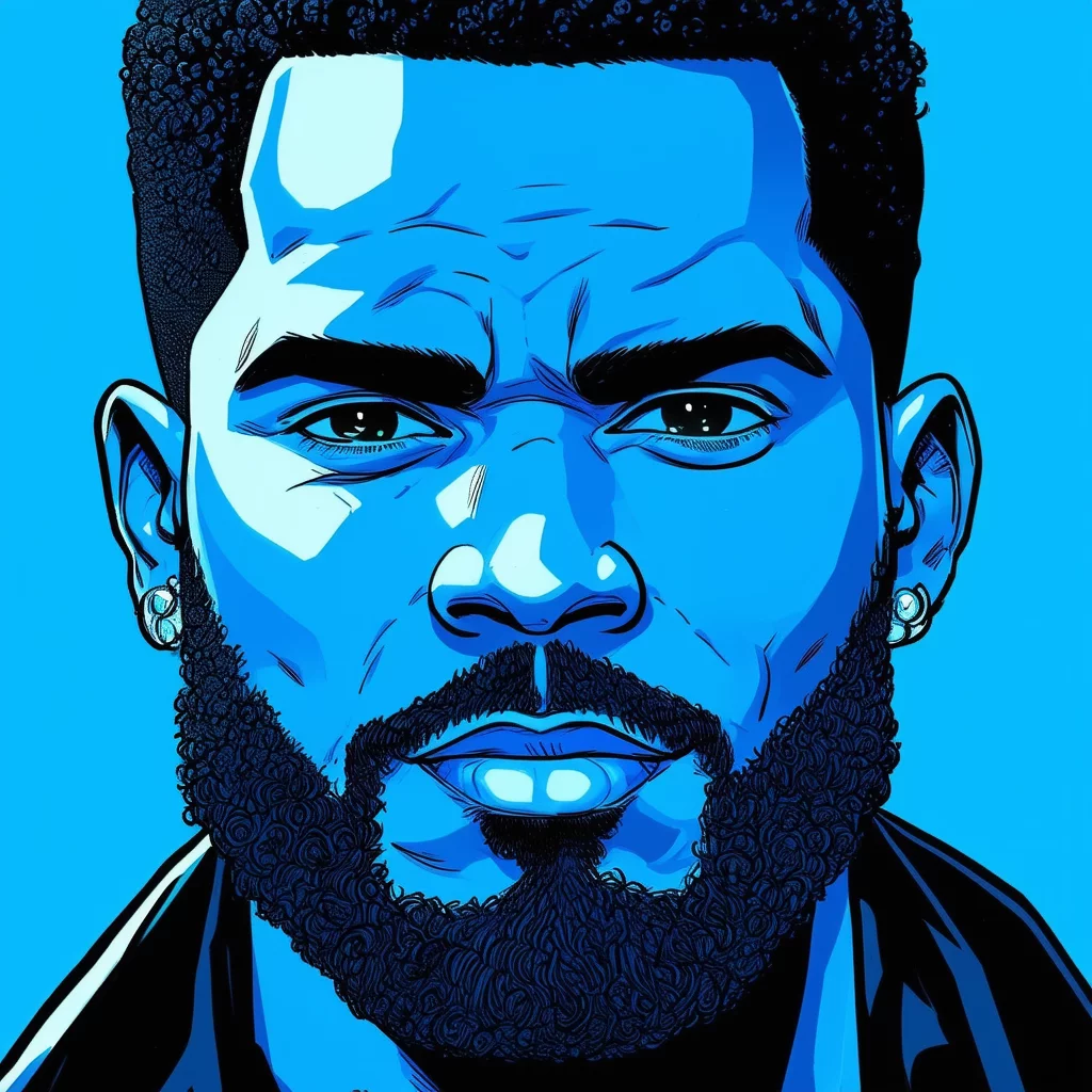 Luis Nery blue and black portrait, comic illustration