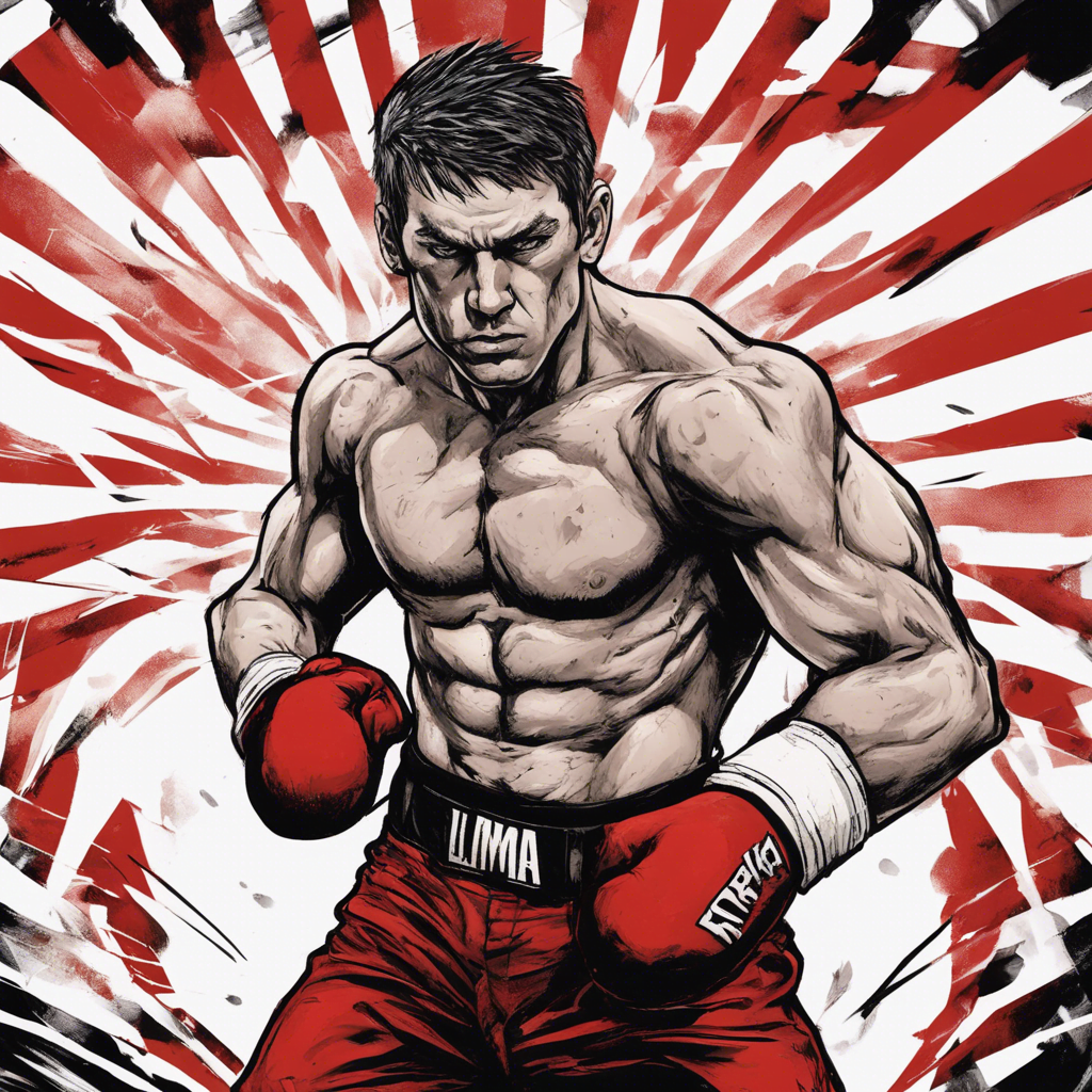 Lance Palmer comic illustration, red and white stripped background, red gloves