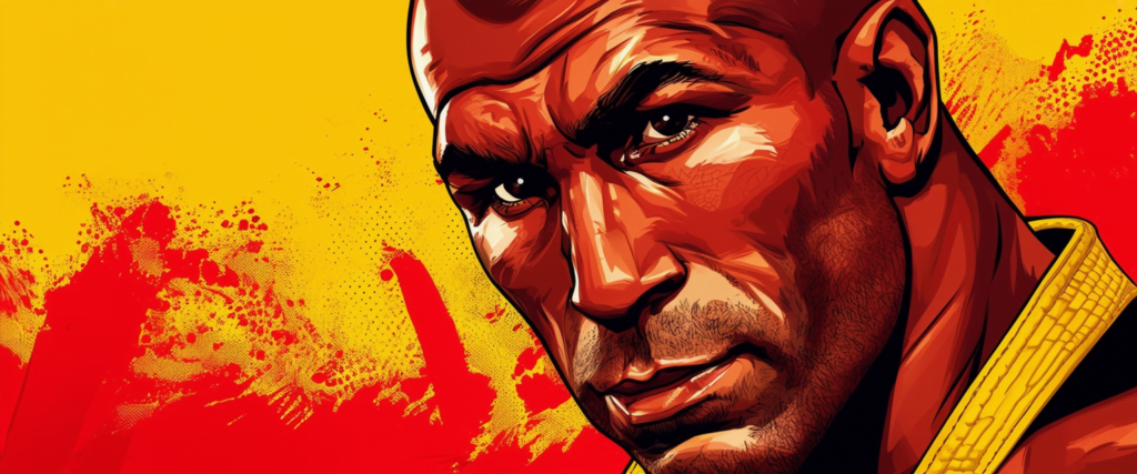 Rorion Gracie red and yellow portrait, comic illustration