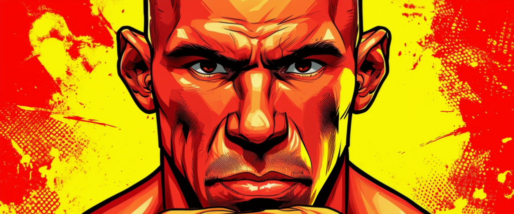 Royce Gracie red and yellow portrait, comic illustration