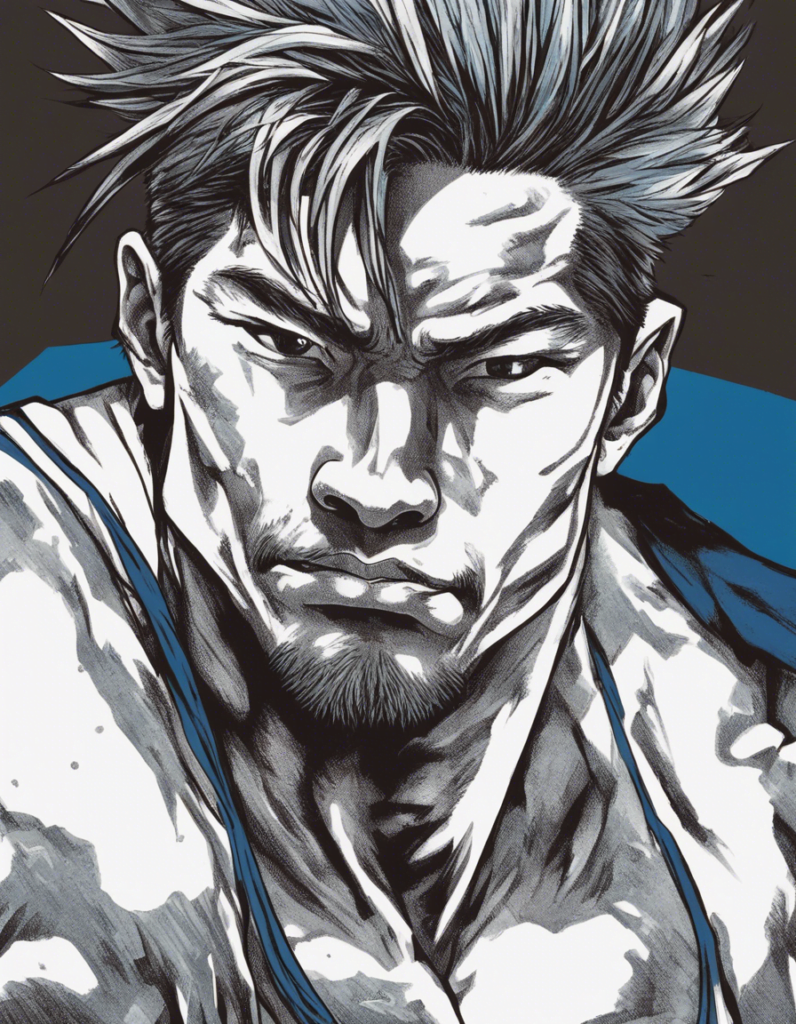 Takanori Gomi grey and blue portrait, comic illustration