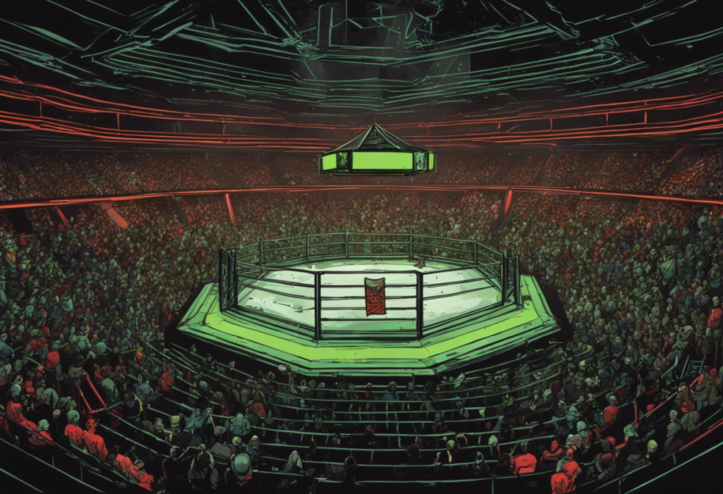 Huge Arena with UFC octagon in the center, green and red arena full of people