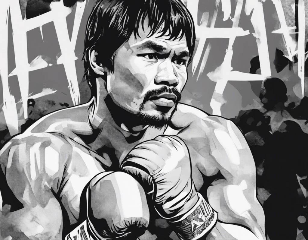 Manny Pacquiao black and white portrait, wearing gloves