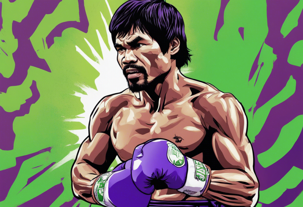 Manny Pacquiao green and purple background, wearing purple boxing gloves