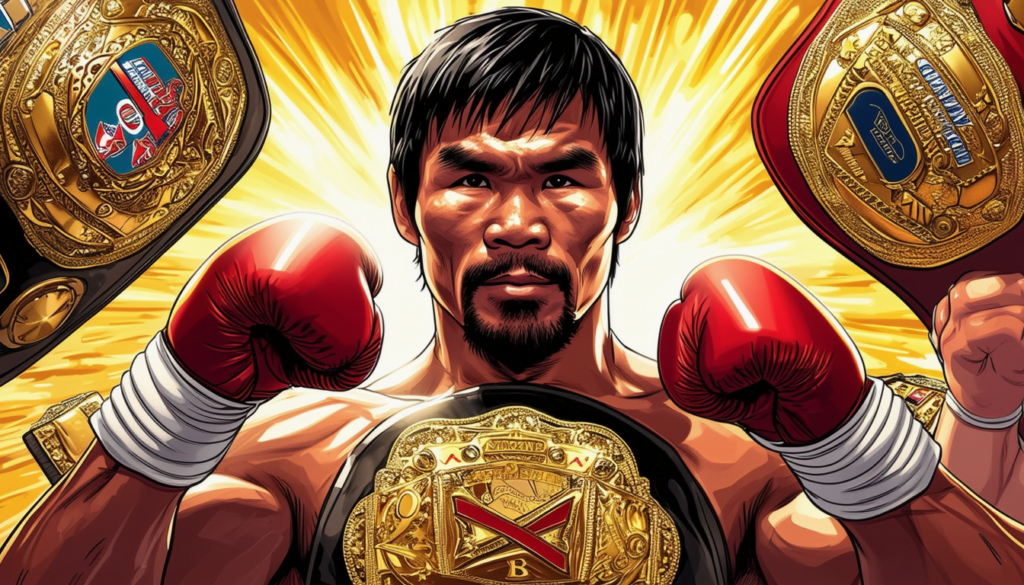 Manny Pacquiao surrounded by boxing champion's belts, wearing red boxing gloves, shiny background