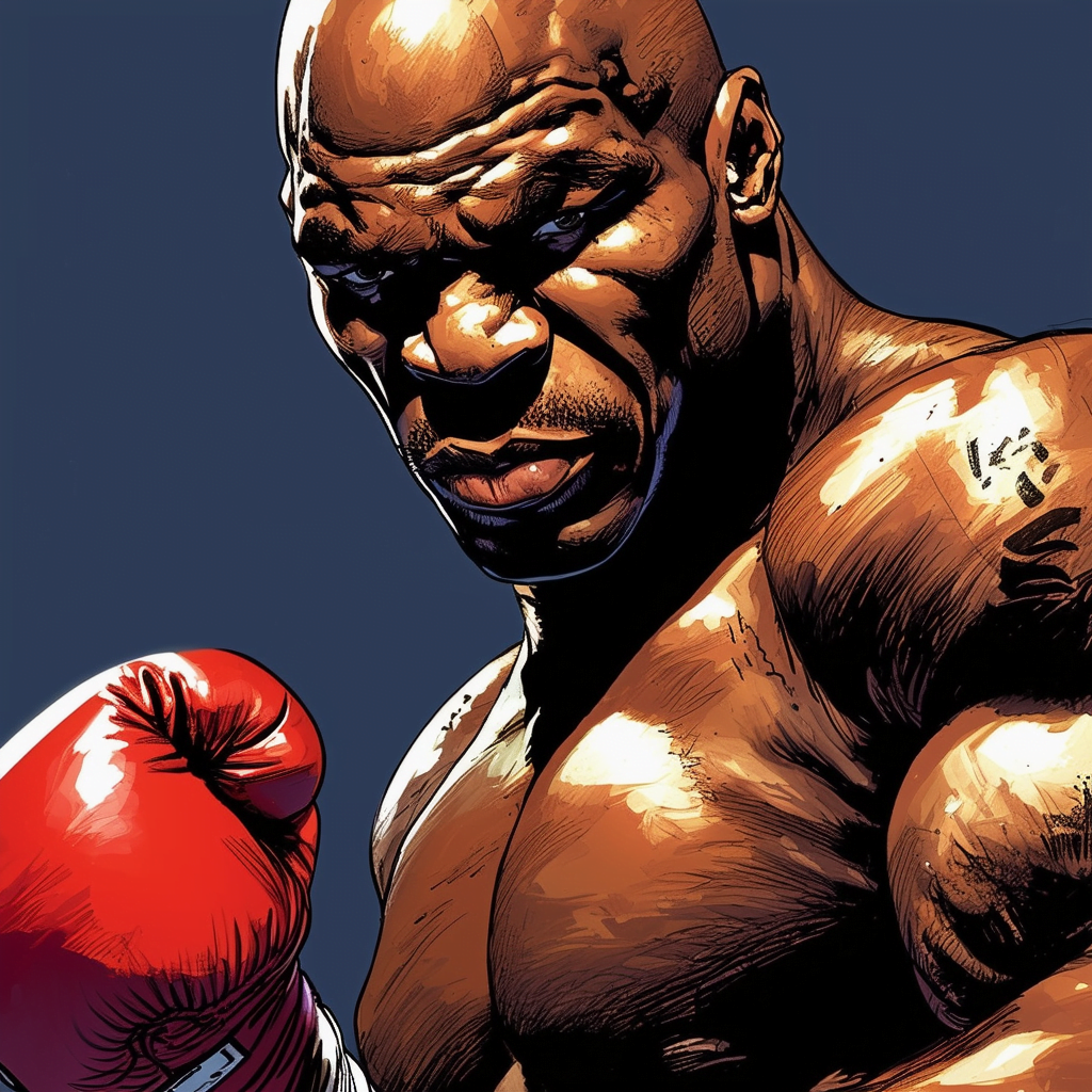 angry Mike Tyson wearing red boxing gloves comic illustrated portrait