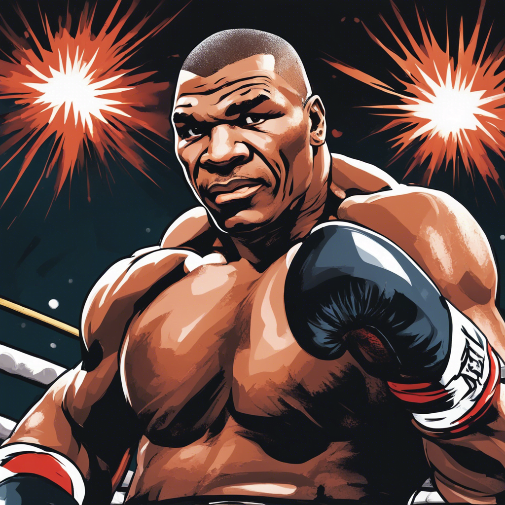 Mike Tyson in his prime wearing black gloves on a ring. shiny background, comic illustration
