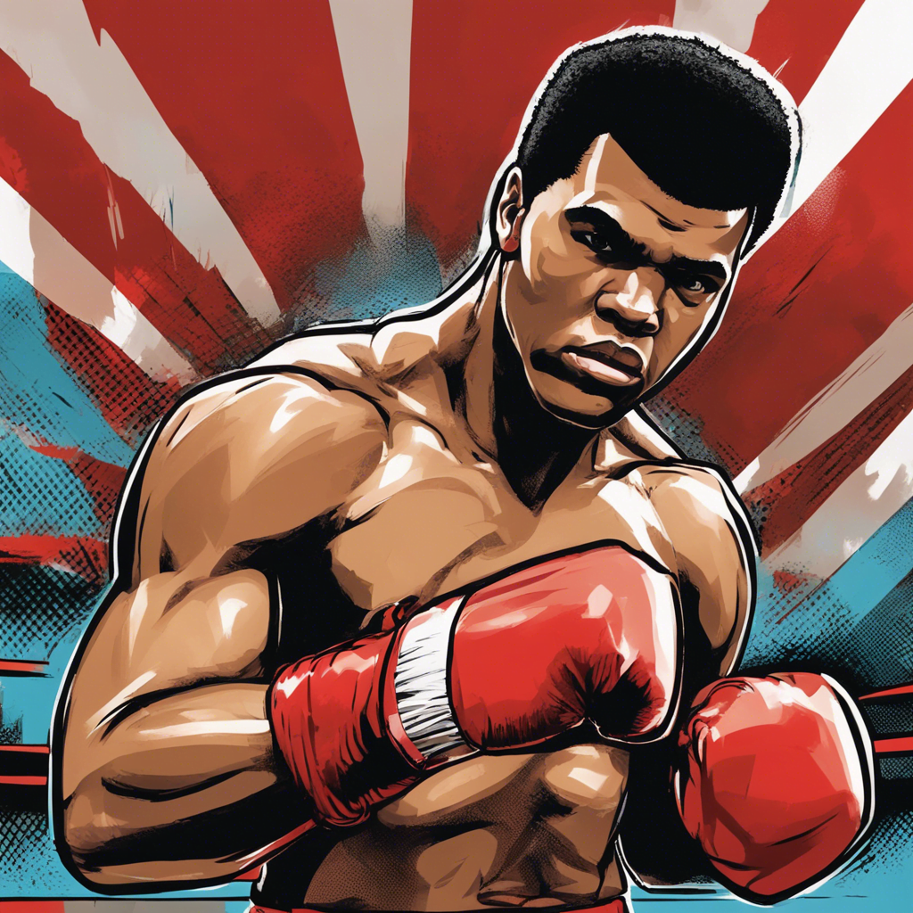 Muhammad Ali on boxing ring wearing red gloves, blue and red background with white stripes, ready to fight, comic illustration