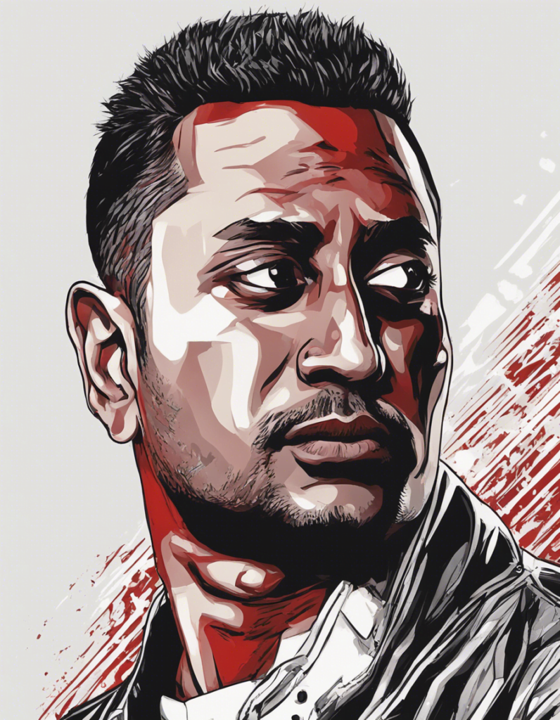Naseem Hamed portrait, red themed comic illustration with white background