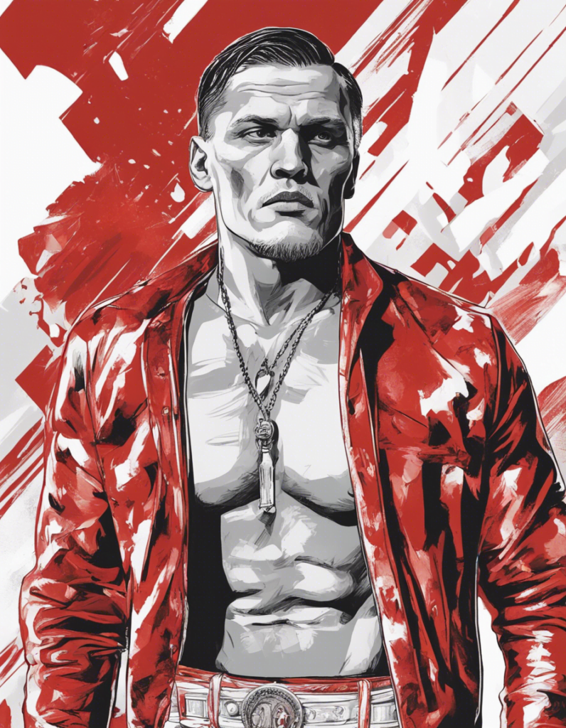 Oleksandr Usyk red and white portrait, wearing red latex jacket