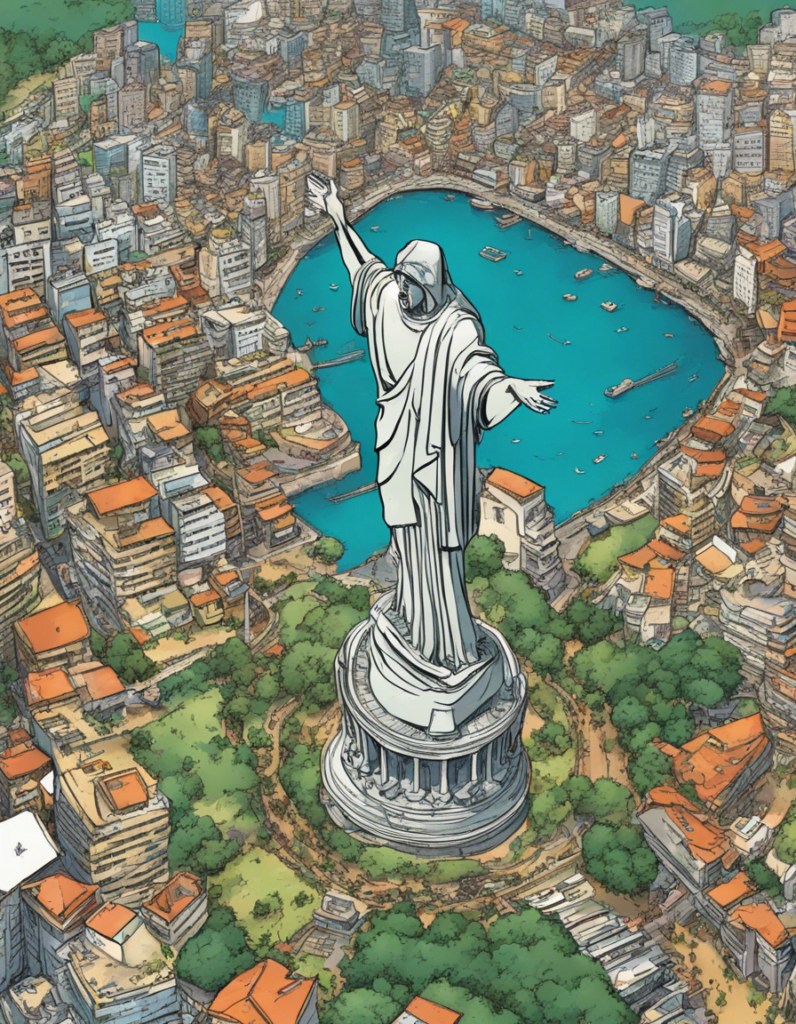 Rio de Janeiro From birds eye view image, comic illustration, the statue of Jesus