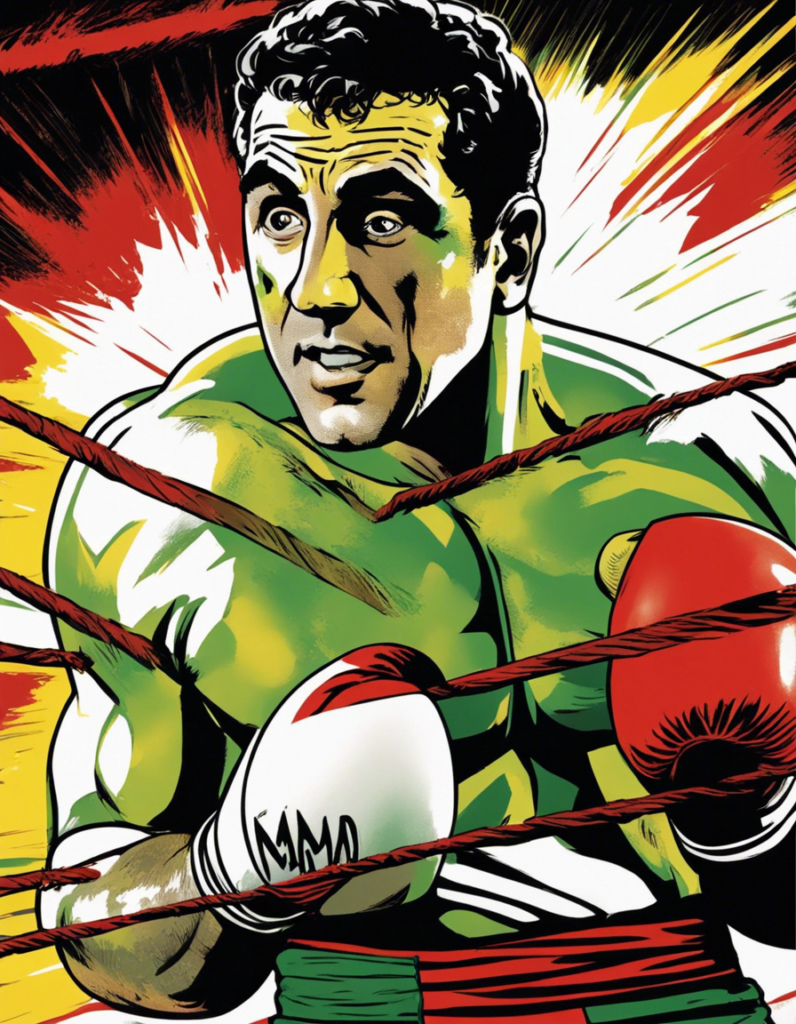 Rocky Marciano on the boxing ring wearing red and white boxing rings, colorful background, comic illustraion