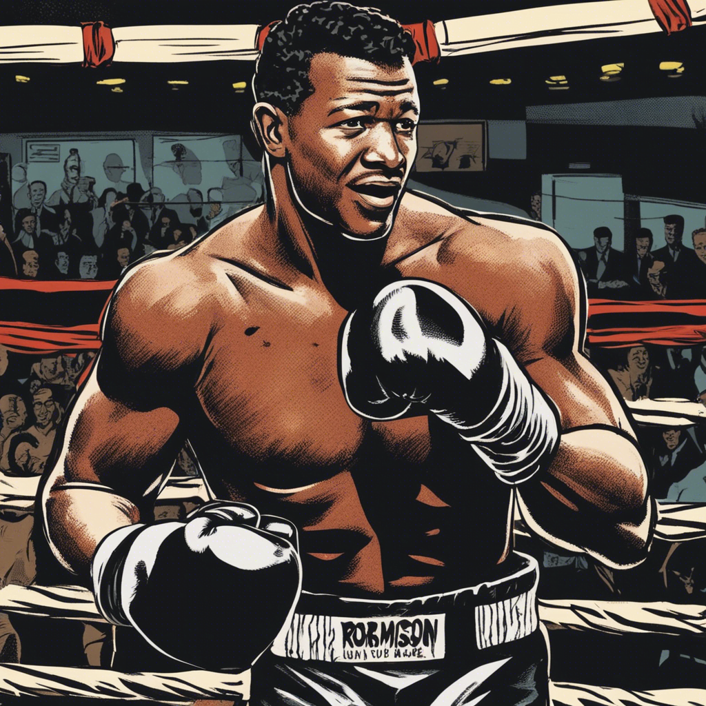 sugar ray robinson wearing black boxing gloves on a ring with a smirk. comic illustratiom