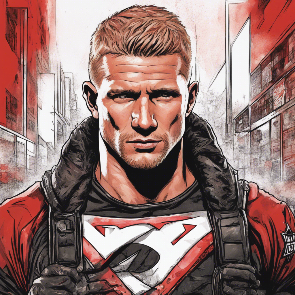 TJ Dillashaw red black and white portrait, in the streets, comic illustration