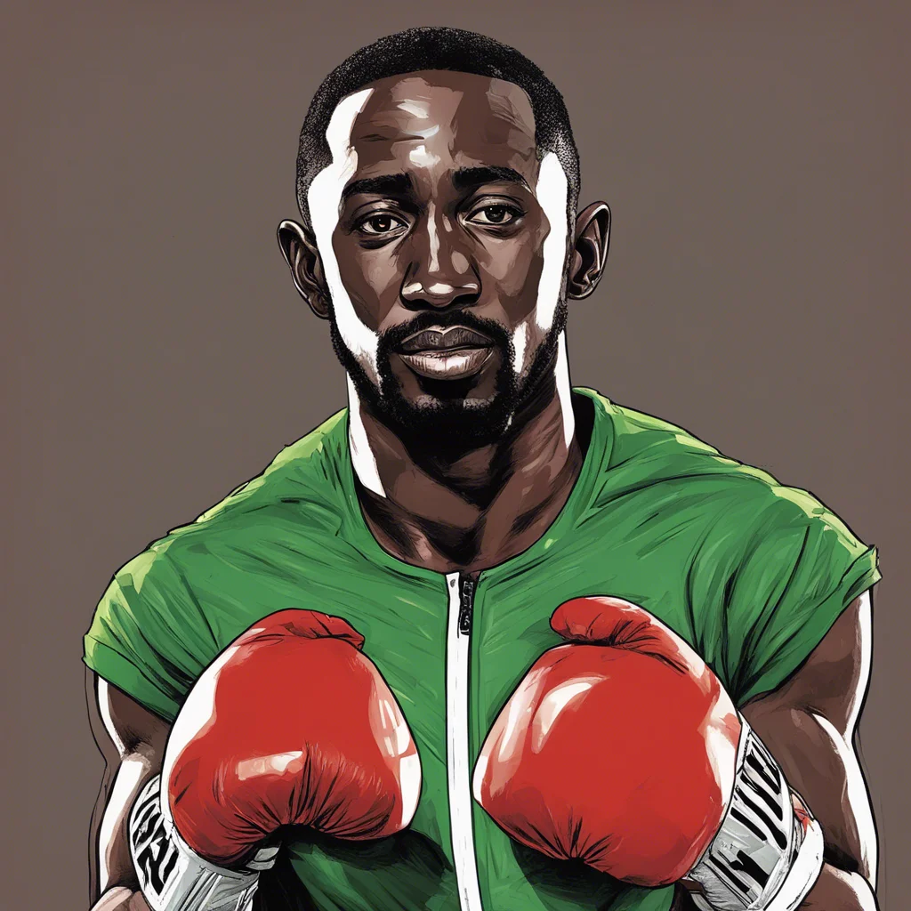 Terence Crawford portrait, brown background, red gloves, green jacket, comic illustration