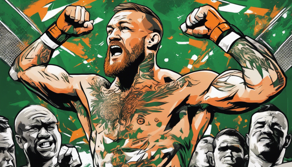 Conor McGregor, champion of the world, green orange and grey comic illustration