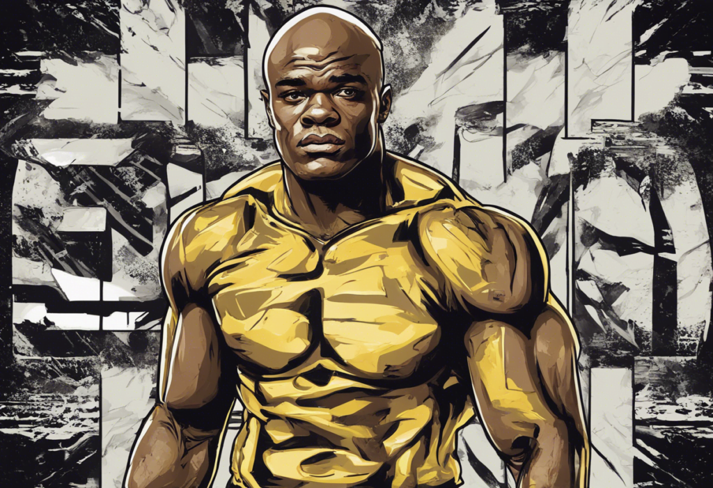 Anderson Silva golden body, grey and black background, comic illustration