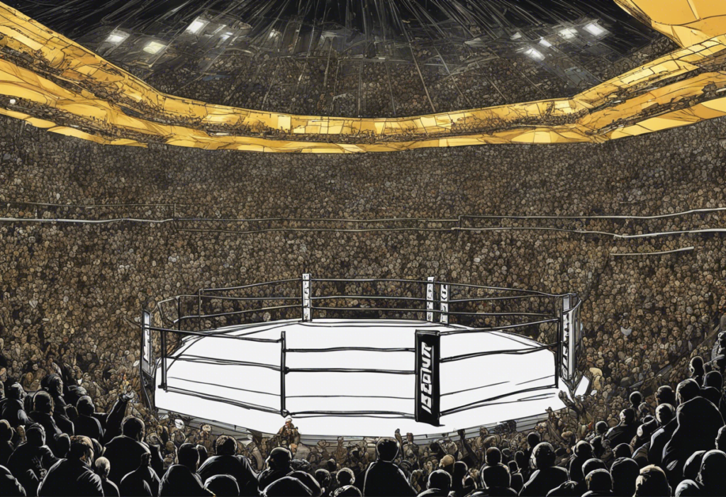 huge arena full of people, white MMA octagon in the middle, comic illustration