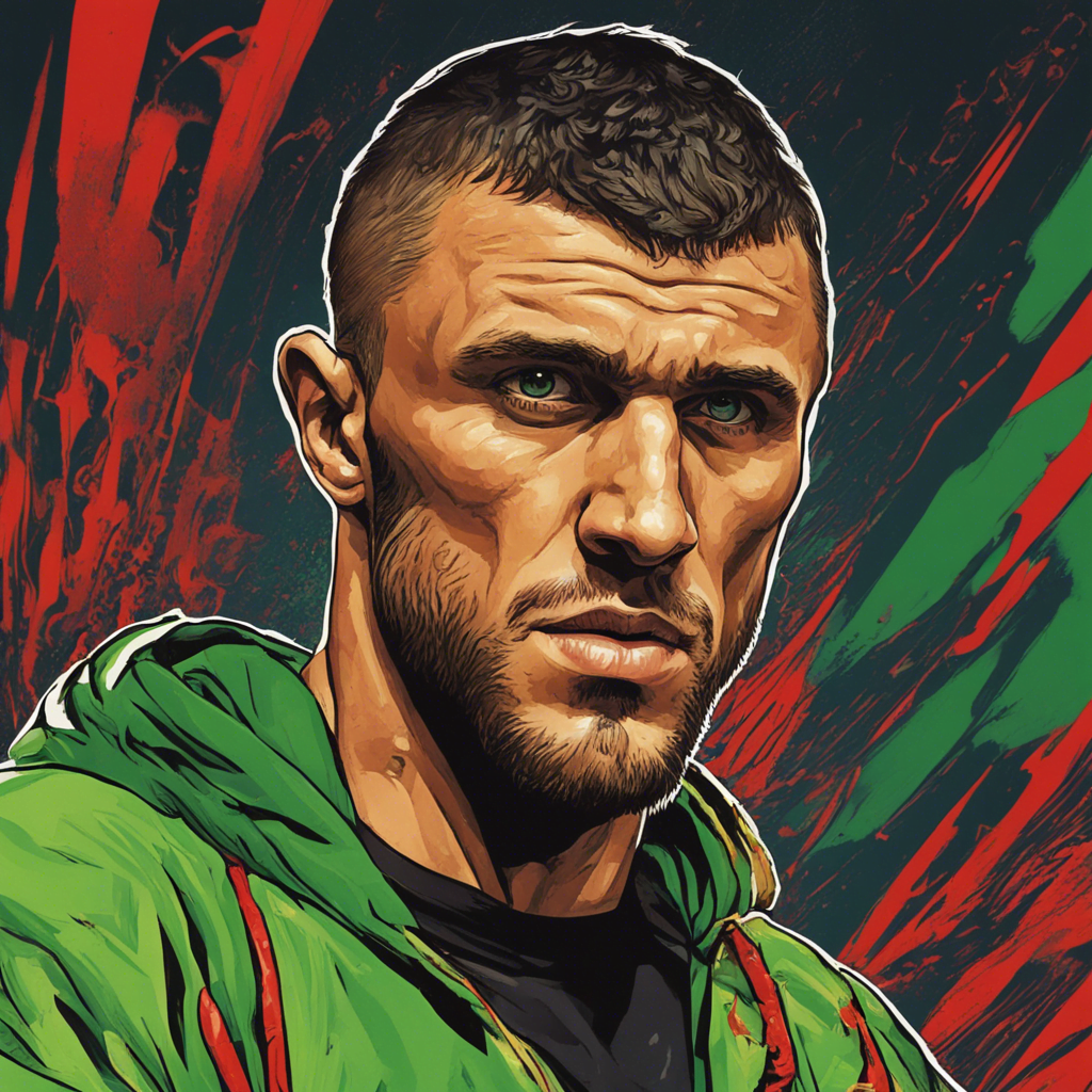 Vasiliy Lomachenko green red and black portrait, comic illustration