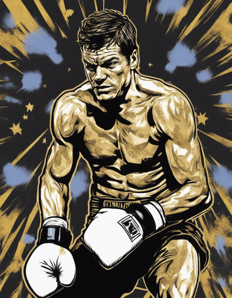 Jimmy Wilde on the boxing ring, white gloves, purple black and golden comic illustration