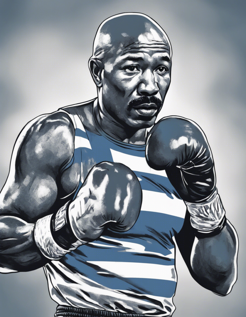 Marvin Hagler blue and white portrait, wearing dark blue boxing gloves, comic illustration