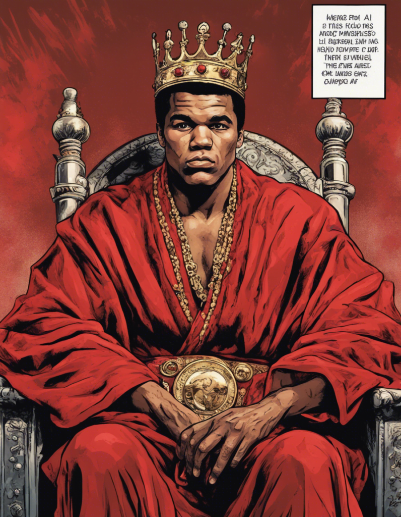 Muhammad Ali sitting on the throne wearing red robe, crown on his head and champions belt on his waist