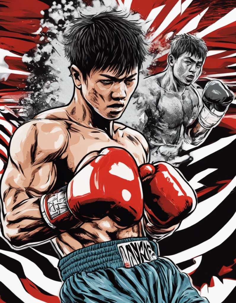 Naoya Inoue red and grey comic illustration, wearing red gloves, his shadow in the background in all grey