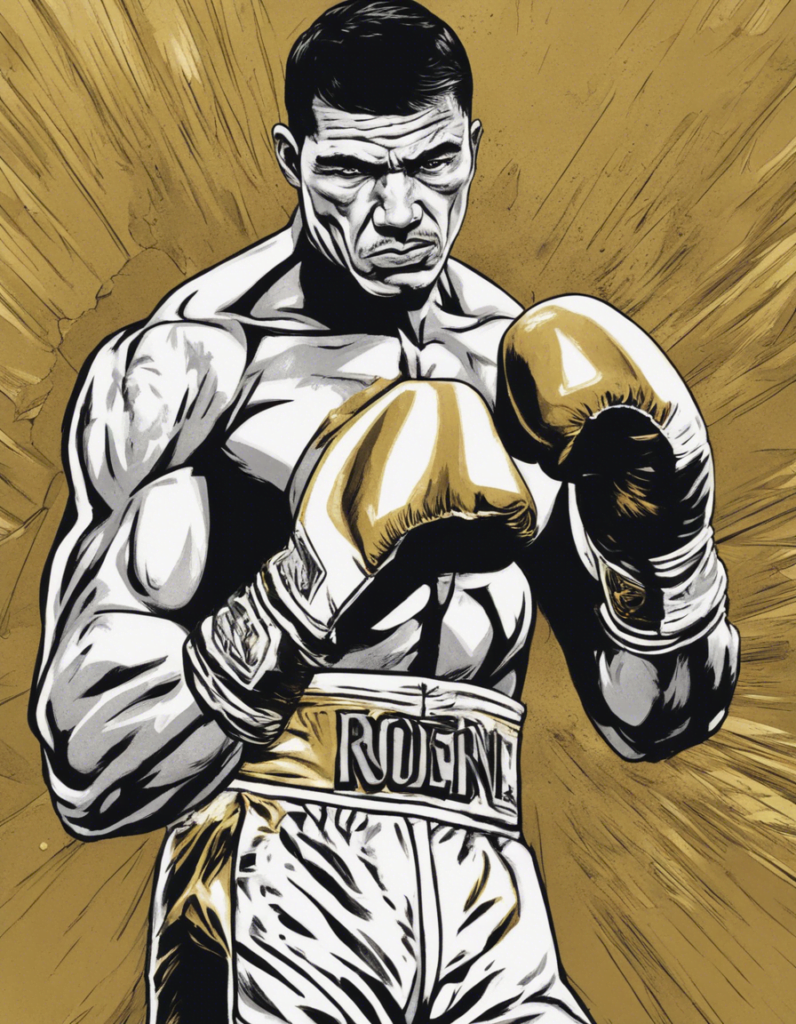 Ruben Olivares gold and grey portrait, golden boxing gloves, comic illustration